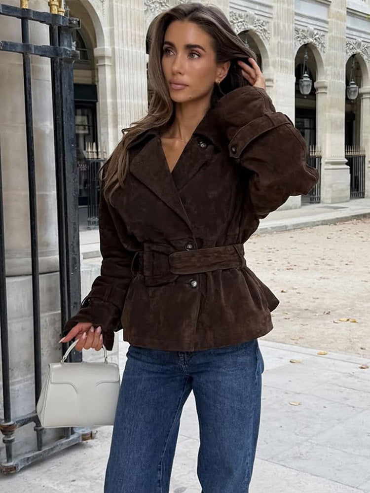 Damen modische Wildlederjacke mit Taillengürtel und voluminösen Ärmeln Krohn-e