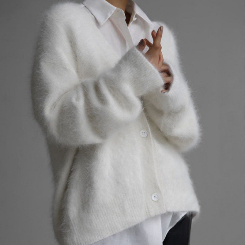 Damen flauschiger Cardigan mit V-Ausschnitt und übergroßem Schnitt Krohn-e