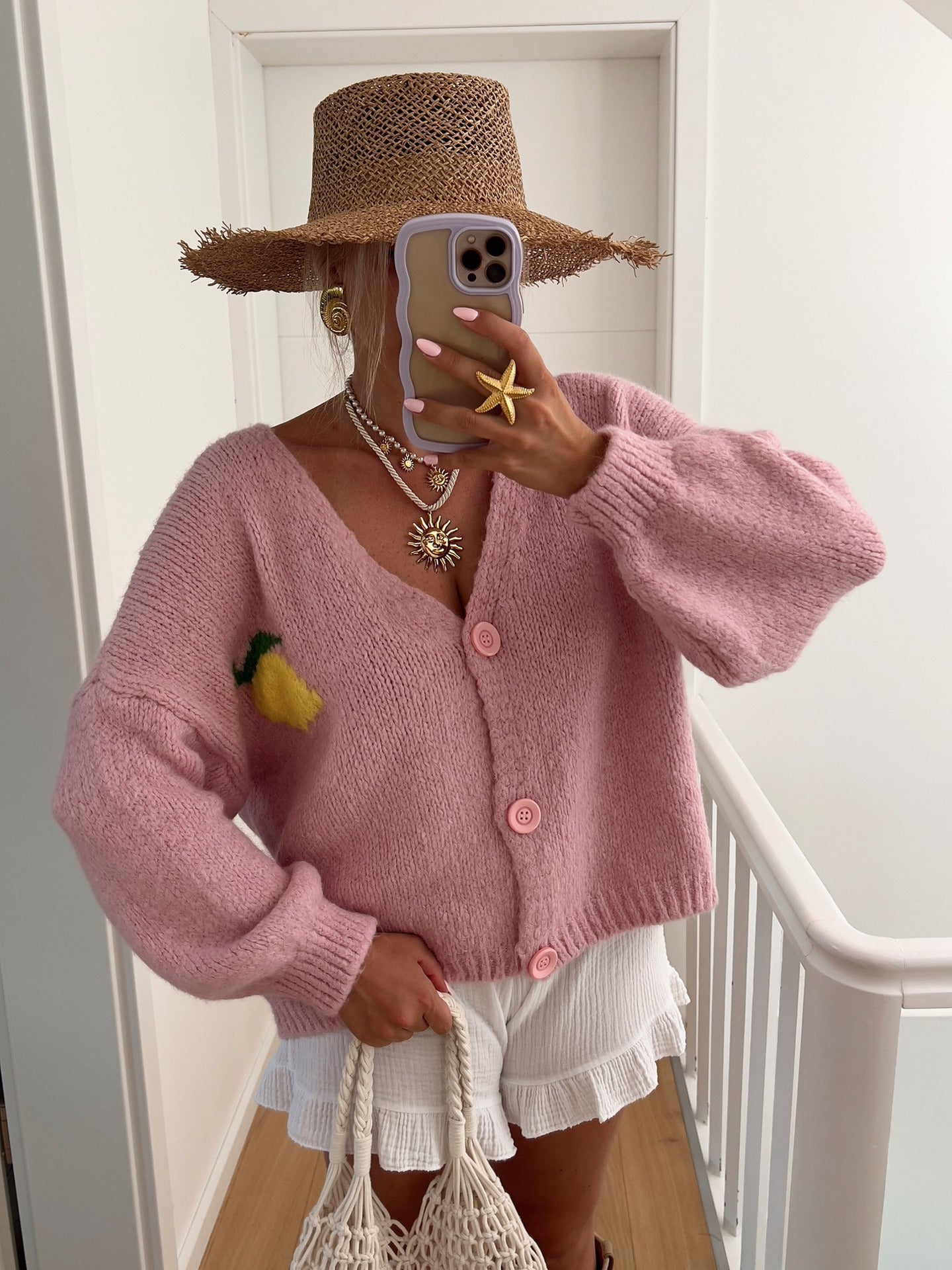 Damen Grober Strickcardigan mit einzigartigem Zitronenmotiv und knopfbarem Verschluss Krohn-e