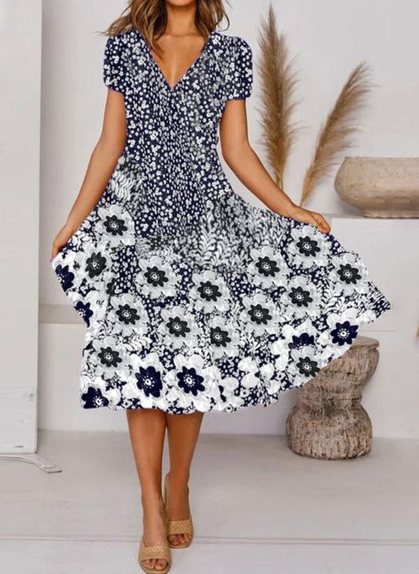 Fudus Mini Kleid mit Blumenmuster und V-Ausschnitt für den internationalen Versand
