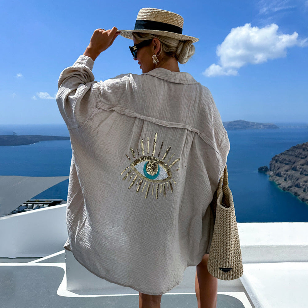 Lockeres Pailletten-Shirt von Fudus mit V-Ausschnitt und Taschen