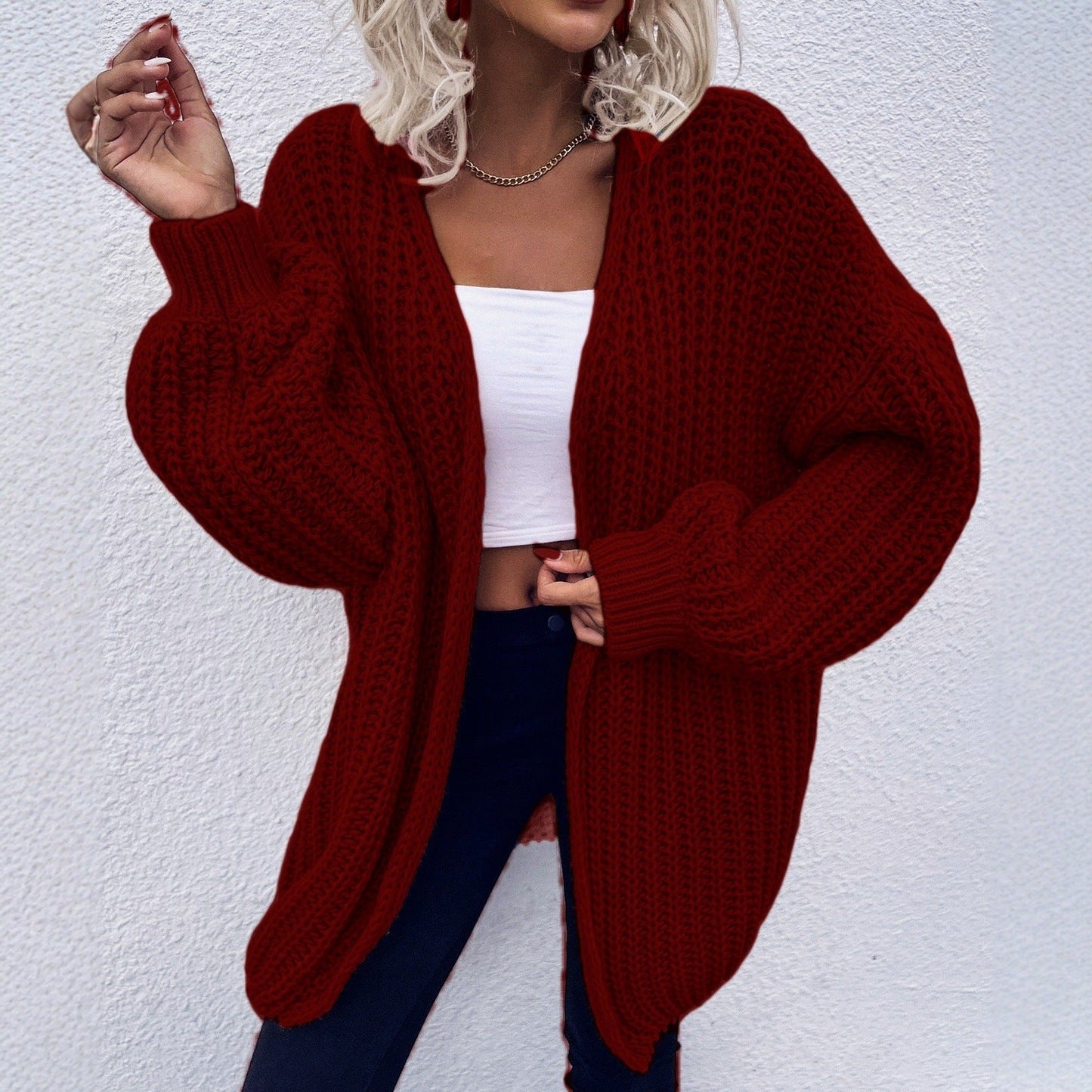 Damen lässiger Grobstrick-Cardigan mit tiefen Taschen und voluminösen Ärmeln Krohn-e