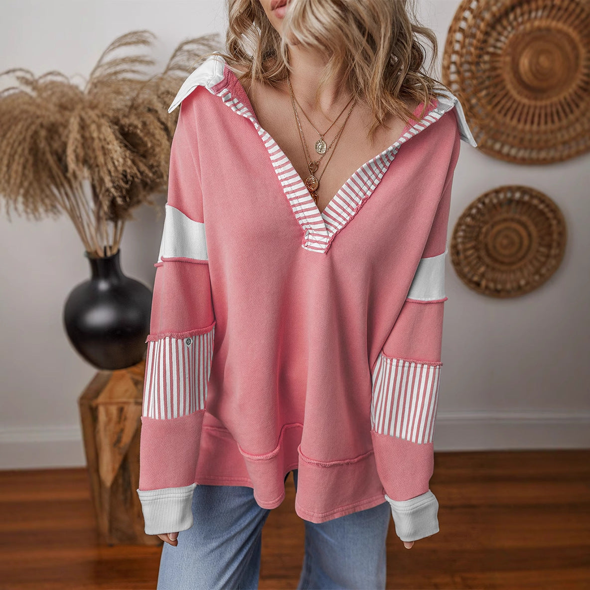Damen lässiger Pullover mit Hemdkragen und gestreiften Ärmeln Krohn-e