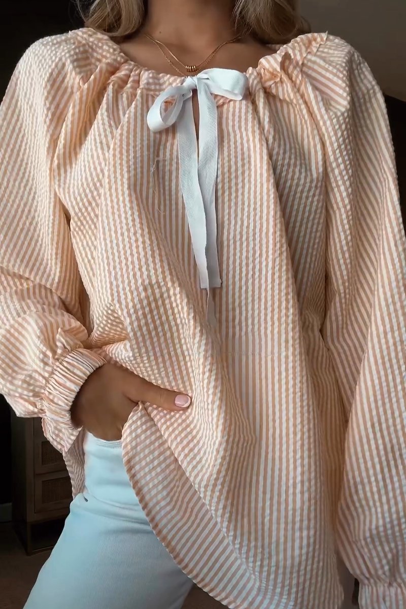 Damen Bluse mit elastischem Ausschnitt und Schleifenbindung Krohn-e