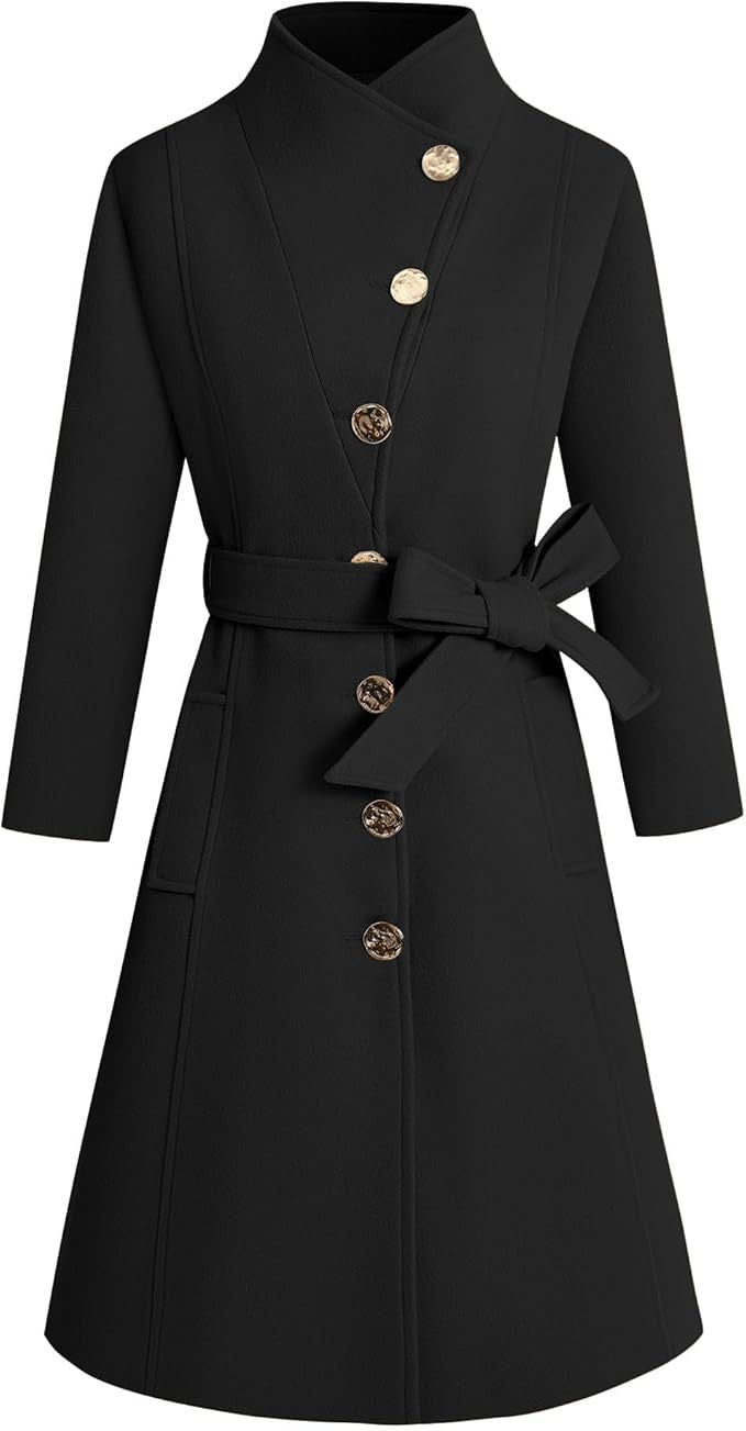 Damen eleganter Wrap-Mantel mit ausgefallenem Kragen und Gürtel Krohn-e