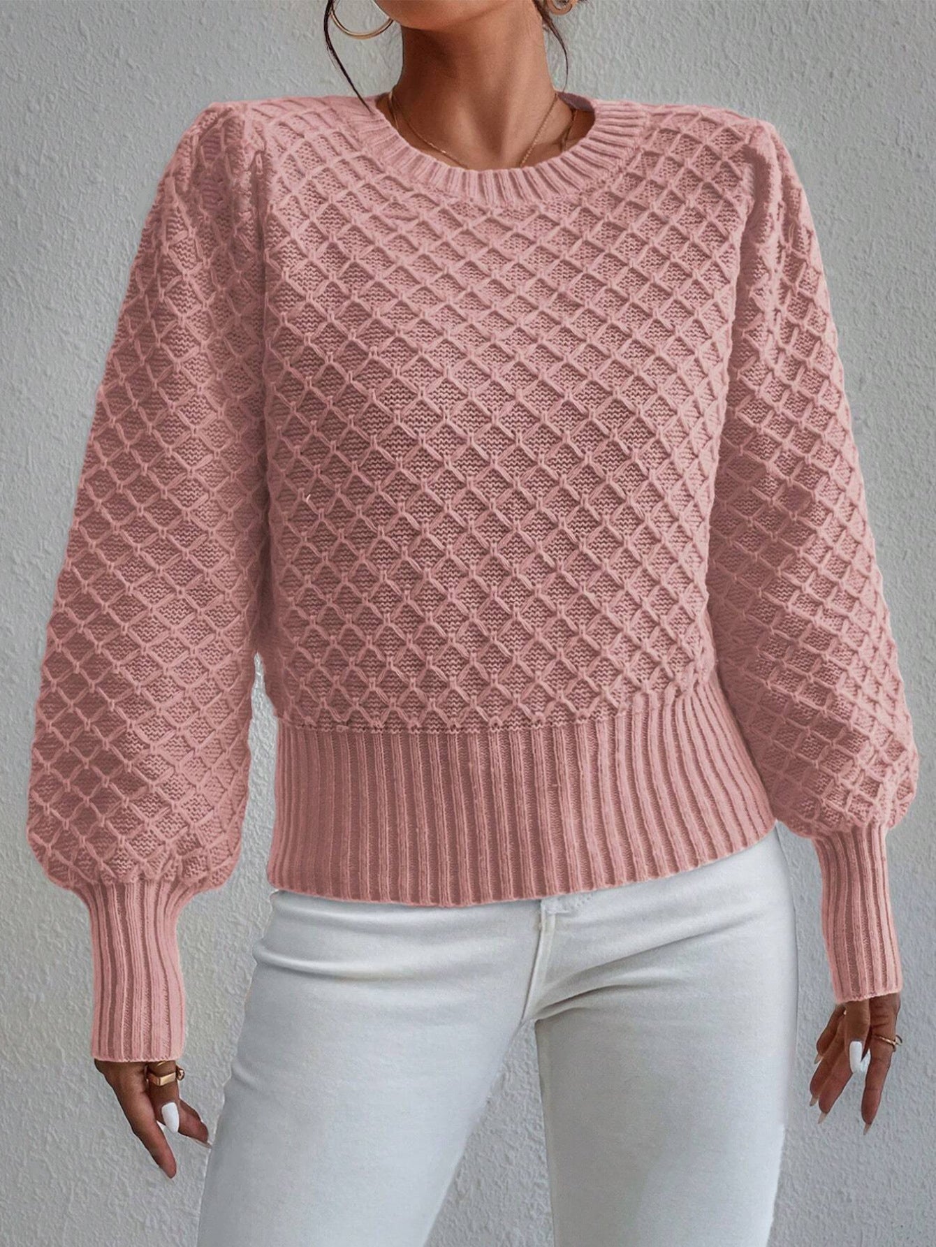 Krohn-e | Pullover Sweatshirt Wollmischung Relaxed Fit Gestepptes Muster Rundhalsausschnitt