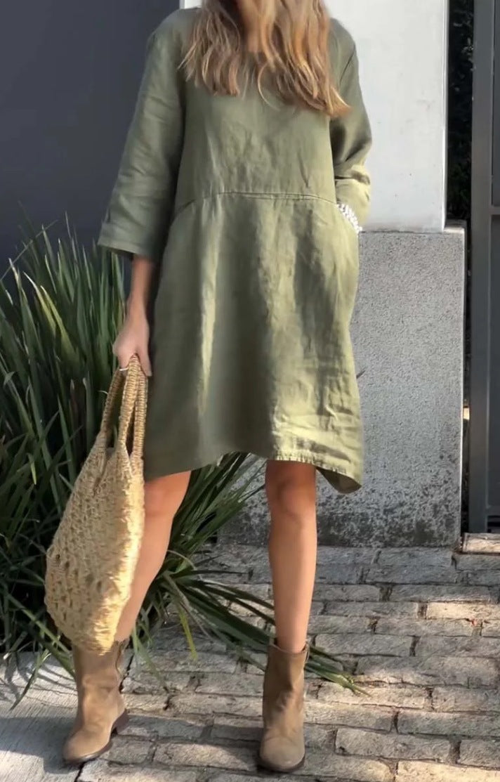Damen lässiges Leinenkleid mit praktischen Taschen und asymmetrischem Saum Krohn-e