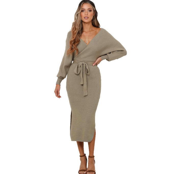 Damen Strickkleid mit Wickeloptik und seitlichem Schlitz Krohn-e