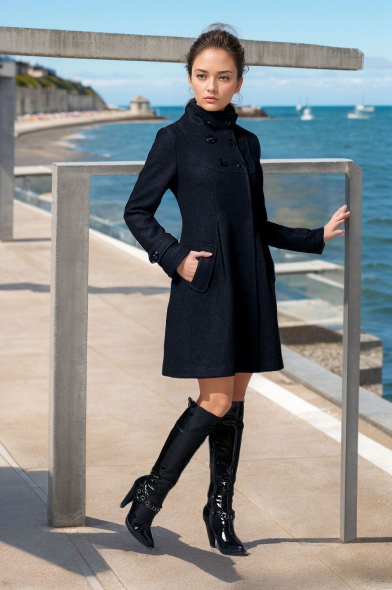 Damen eleganter Mantel mit hohem Kragen und funktionalen Taschen Krohn-e