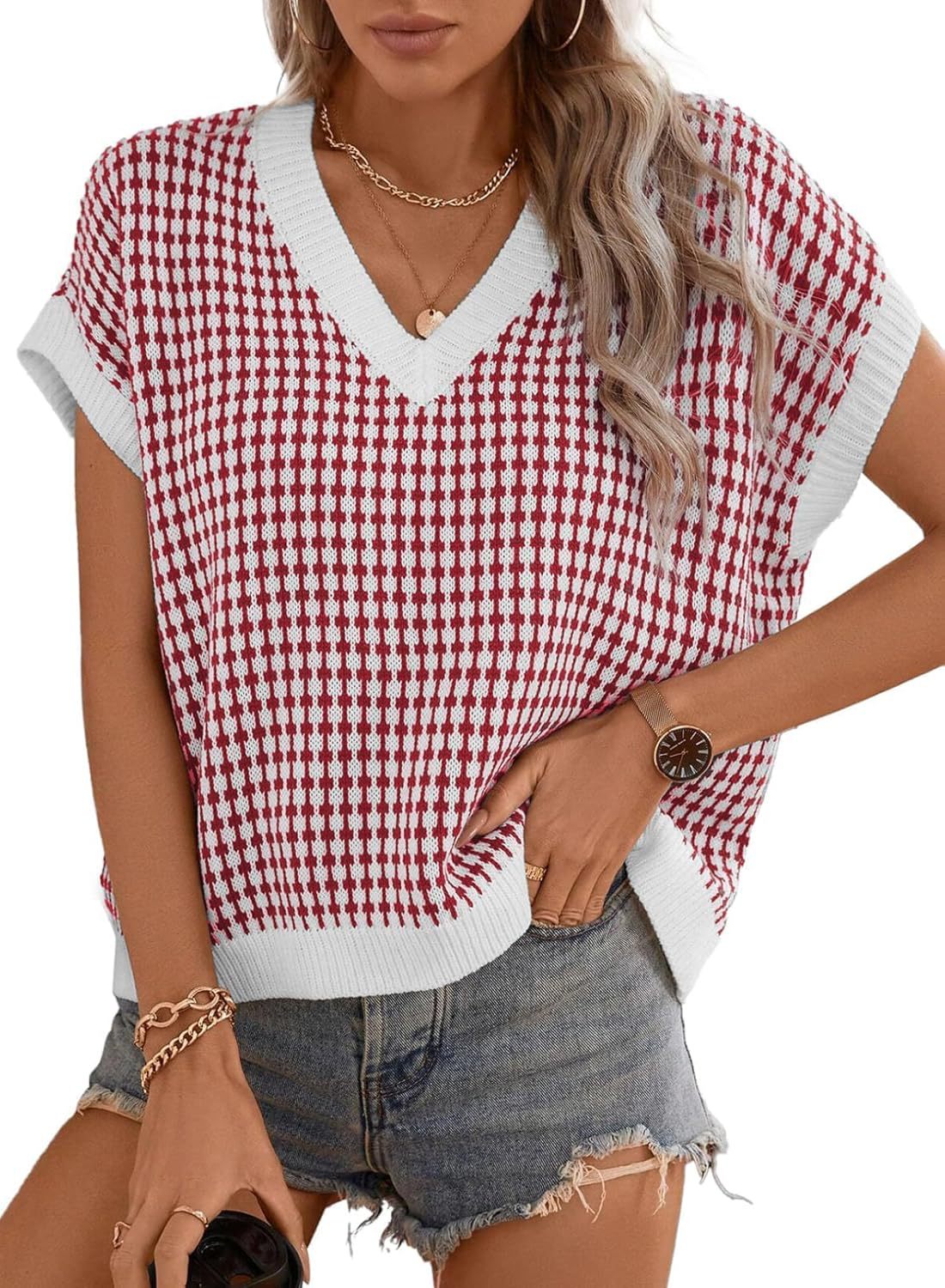 Damen lässiger V-Ausschnitt Pullover mit geometrischem Muster Krohn-e