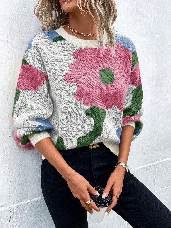 Krohn-e | Pullover Pullover Strickstoff Lockere Passform Rundhals Ballonärmel Gemustert