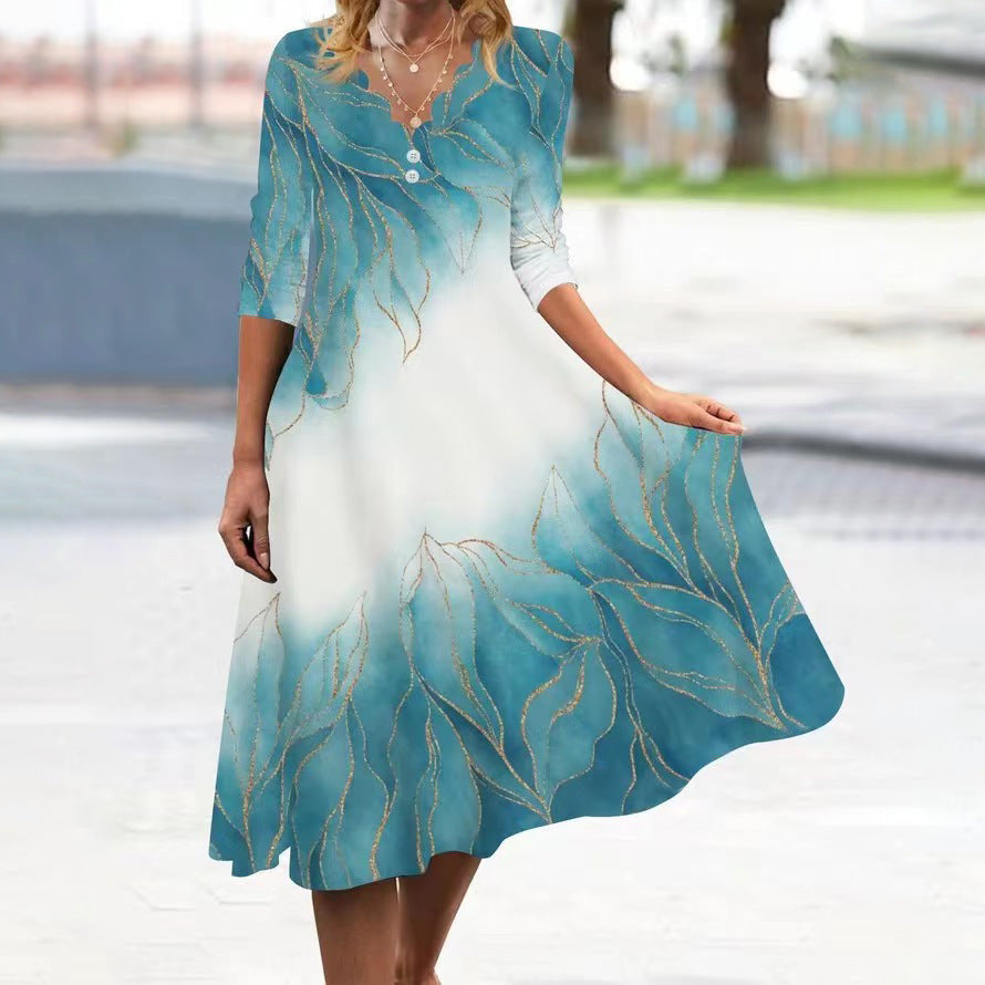 Modisches Midikleid mit Knöpfen und Frühlingsmuster von Fudus