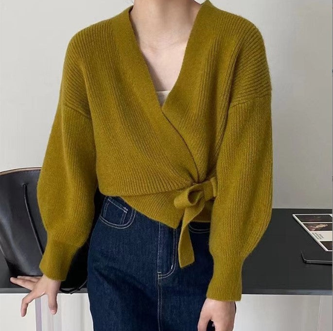 Damen Wickelstrickjacke mit weit geschnittenen Ärmeln und Taillengürtel Krohn-e