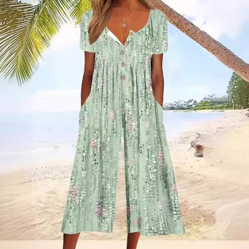 KROHN-E Damen Jumpsuit Blätterdruck V-Ausschnitt Wide-Leg