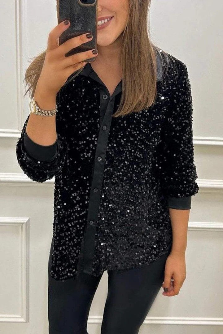 Damen Glitzernde Bluse aus Pailletten mit klassischem Kragen Krohn-e