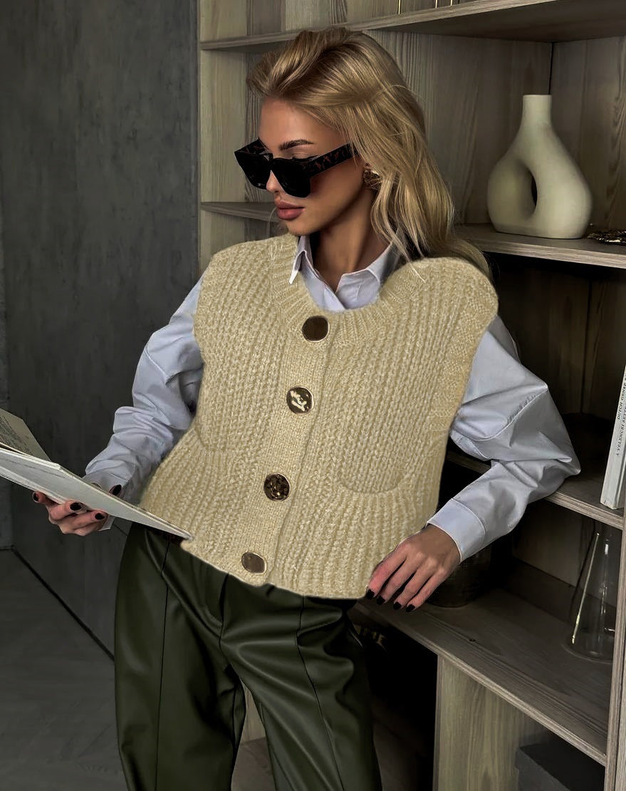 Damen gemütliche Strickweste mit großen Knöpfen und praktischen Taschen Krohn-e