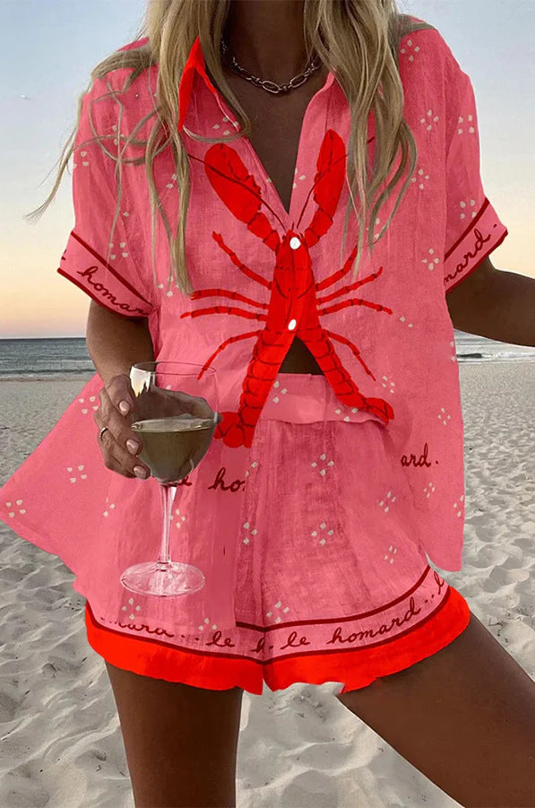 KROHN-E Damen Zweiteiler Pink Blumenmuster Sommer-Set