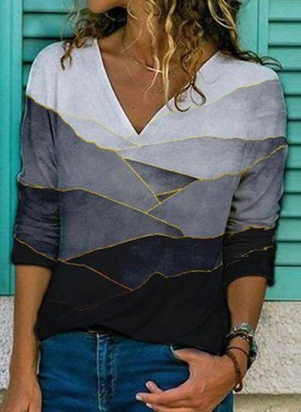 Fudus lässiges Langarm-T-Shirt mit V-Ausschnitt und Print