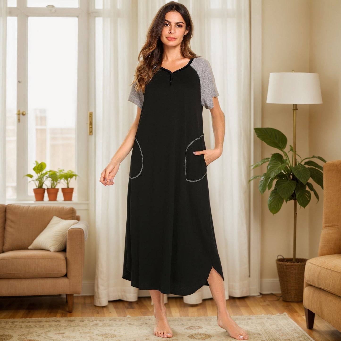 Buntes Baumwoll-Nachtkleid von Fudus mit kurzen Ärmeln