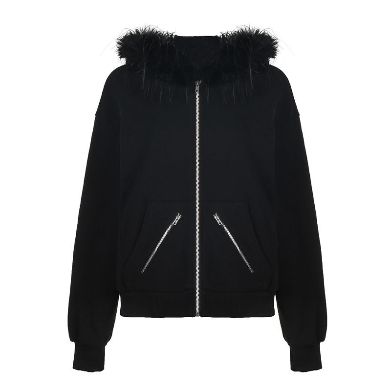 Damen warme Sweatjacke mit abnehmbarem Kunstfellkragen Krohn-e