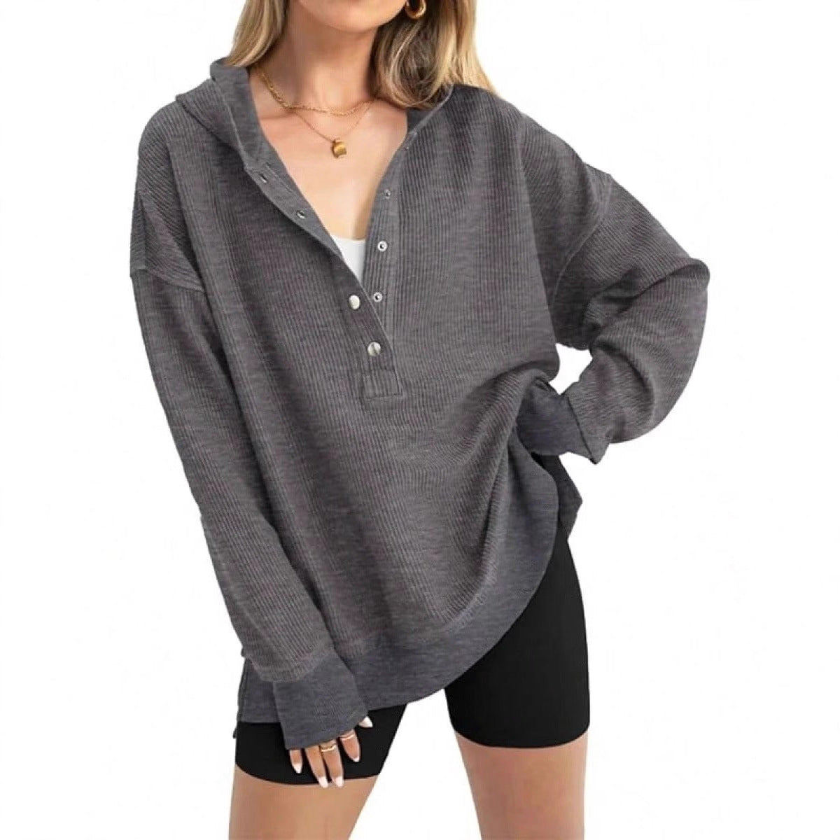 Damen Lässiger Kapuzenpullover mit Knopfdetails und überschnittenen Schultern Krohn-e