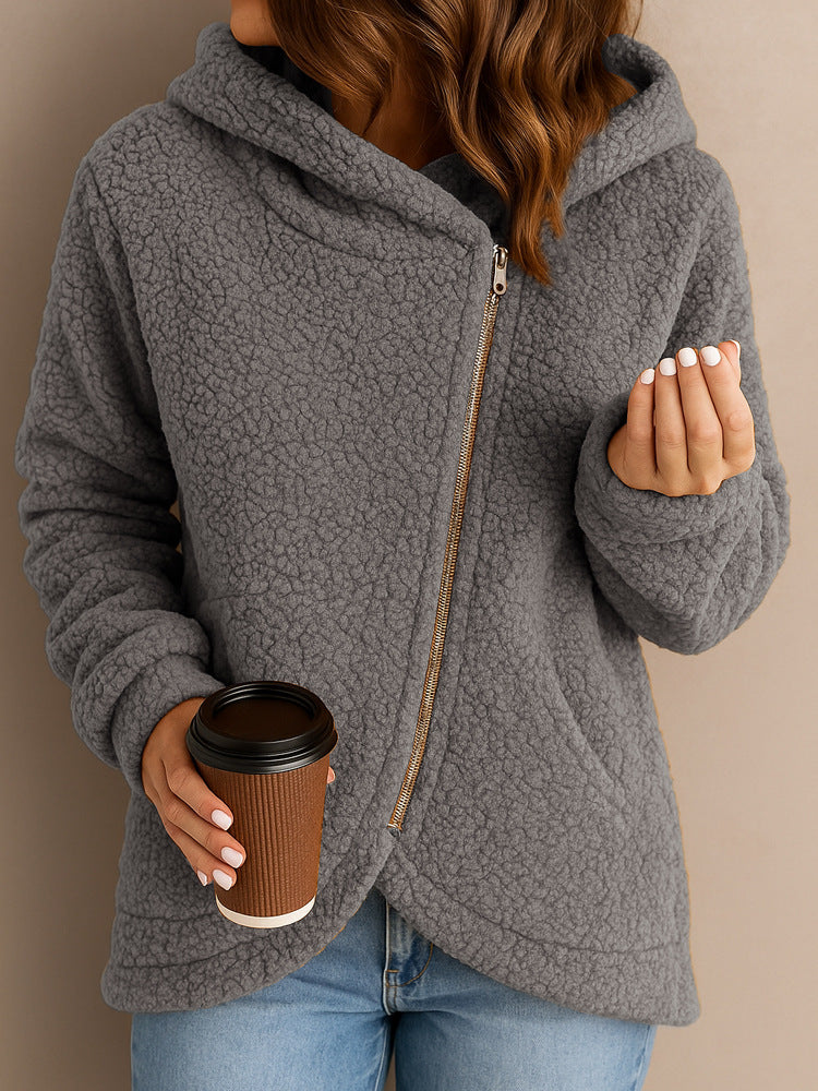 Damen Flauschige Kapuzenjacke mit asymmetrischem Reißverschluss Krohn-e
