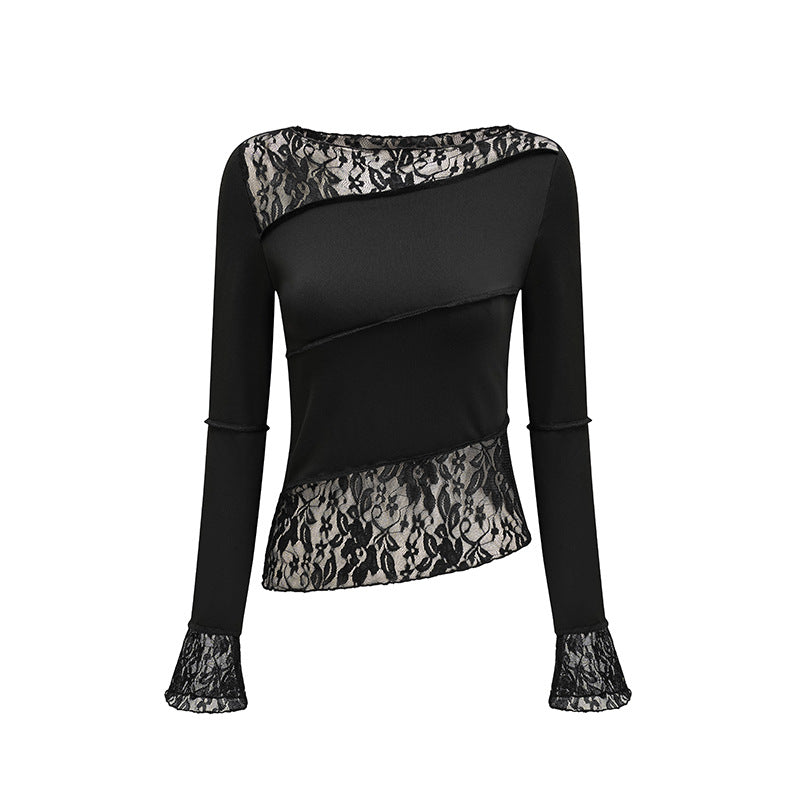 Fudus Langarm-T-Shirt mit sinnlichem, figurbetonendem Spitzen-Einsatz