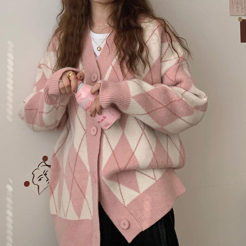 Damen lässige Strickjacke mit Rautenmuster und großen Knöpfen Krohn-e