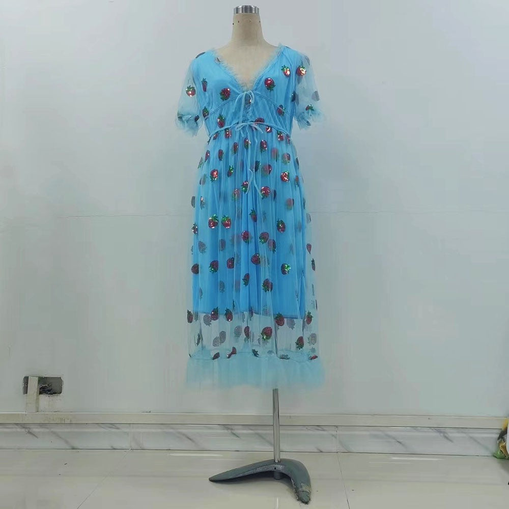 Modisches Sommer-Mesh-Kleid mit Knoten und Rüschen von Fudus