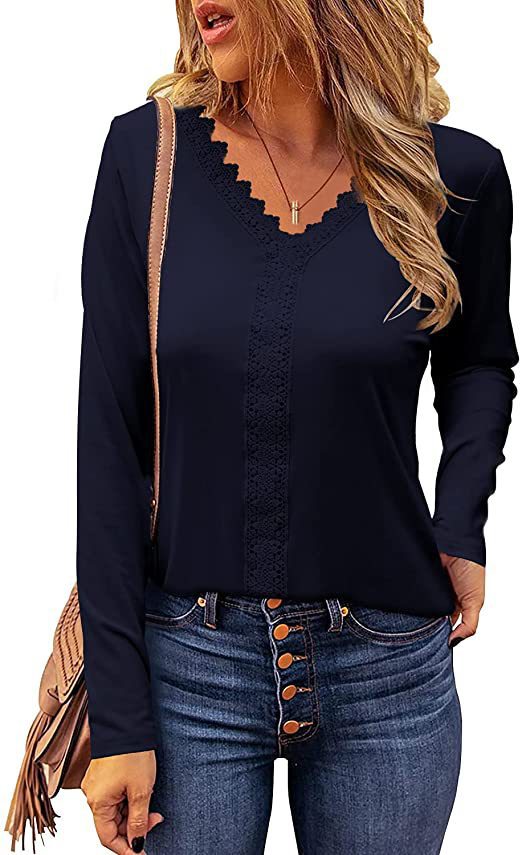 Damen elegantes V-Ausschnitt Longsleeve-Shirt mit Spitzenbesatz Krohn-e