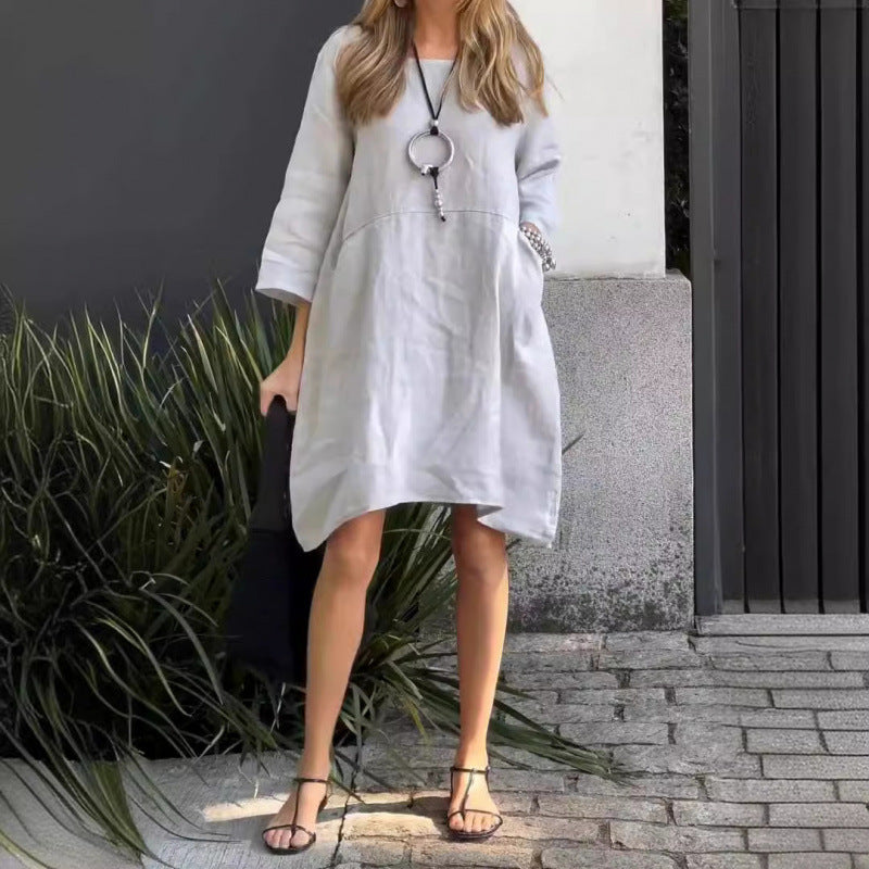 Einfarbiges, lockeres Baumwoll-Leinenkleid von Fudus