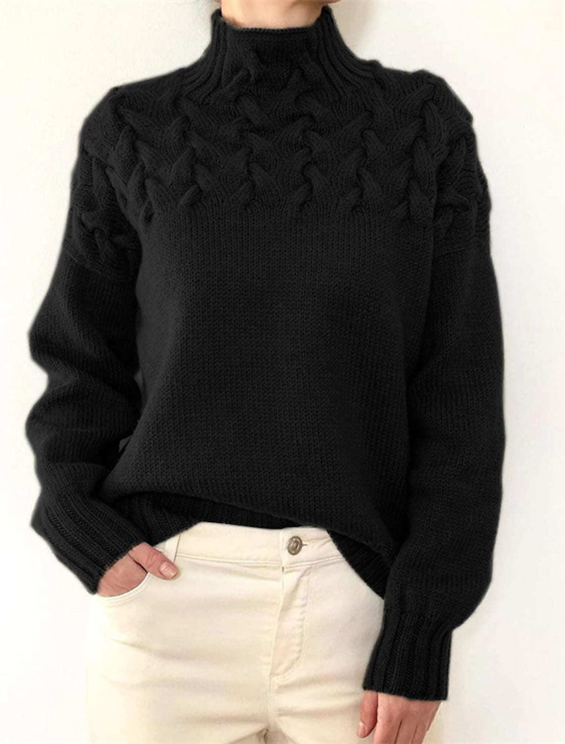 Damen Grobstrickpullover mit Stehkragen und Zopfmuster Krohn-e