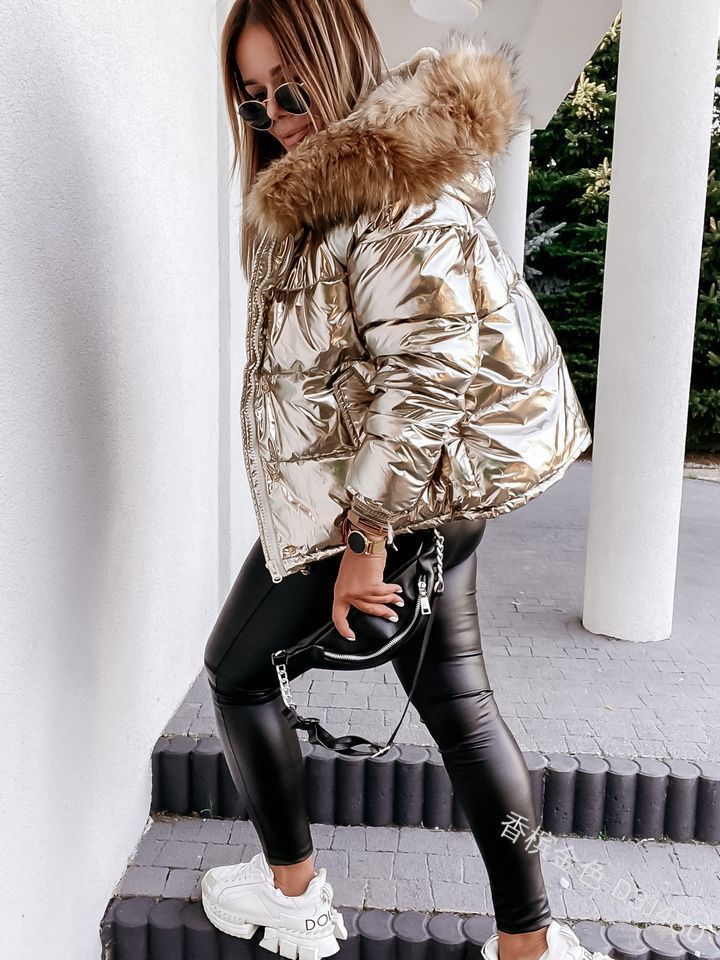 Damen Glänzende Winterjacke mit abnehmbarer Kapuze und Kunstfellkragen Krohn-e