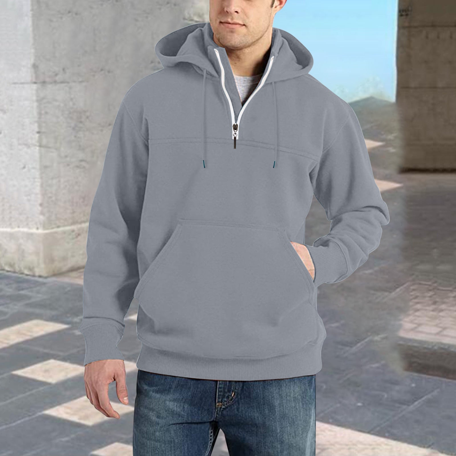 Herren modischer Kapuzenpullover mit halbem Reißverschluss und praktischen Kängurutaschen Krohn-e
