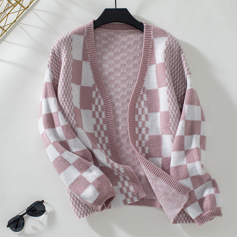 Krohn-e | Cardigan - Damen Herbst Casual Karierter Gestrickter Cardigan
