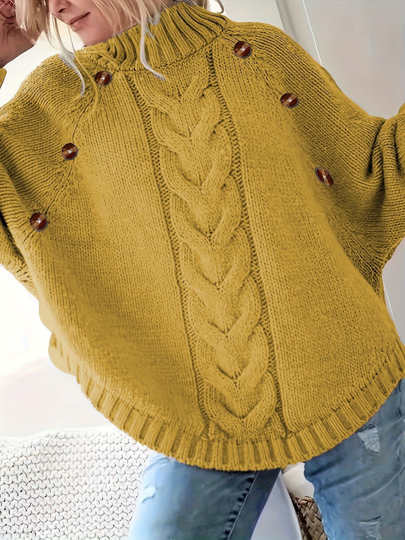 Damen Oversized Strickpullover mit Hochkragen und dekorativen Knopfdetails Krohn-e