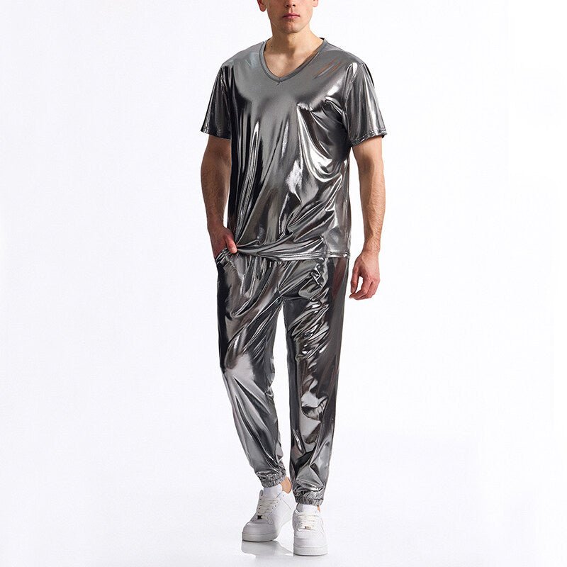 Herren glänzendes Sport-Outfit mit modernem V-Ausschnitt und elastischem Bund Krohn-e