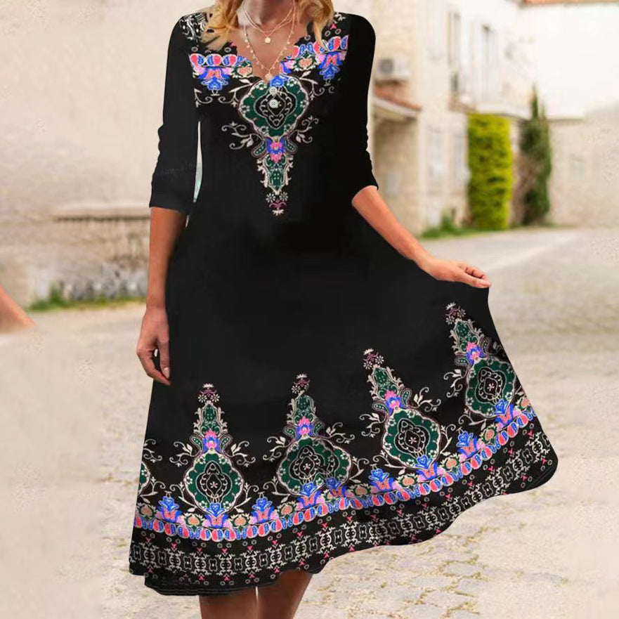 Modisches Midikleid mit Knöpfen und Frühlingsmuster von Fudus