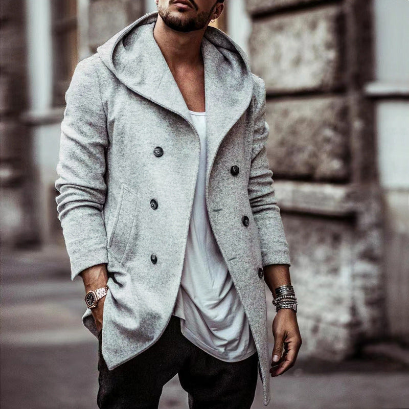 Herren stylischer Hoodie-Mantel mit doppelter Knopfreihe und weitem Kragen Krohn-e