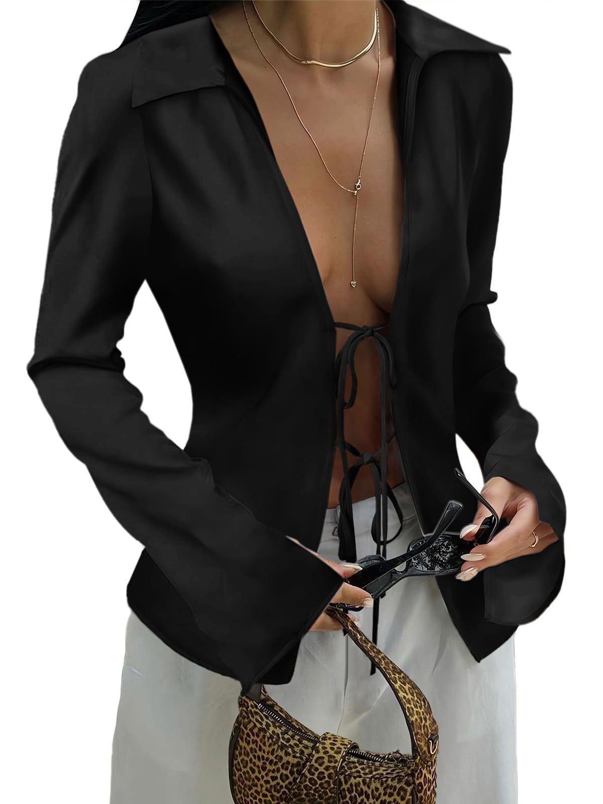 Damen elegante Bluse mit Schnürung und weitem Ärmel Krohn-e