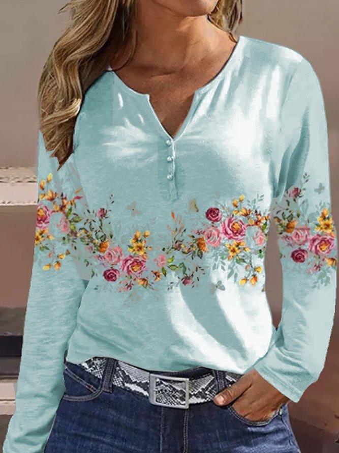 Damen Langarmshirt mit floralem Motiv und Knopfdetails Krohn-e