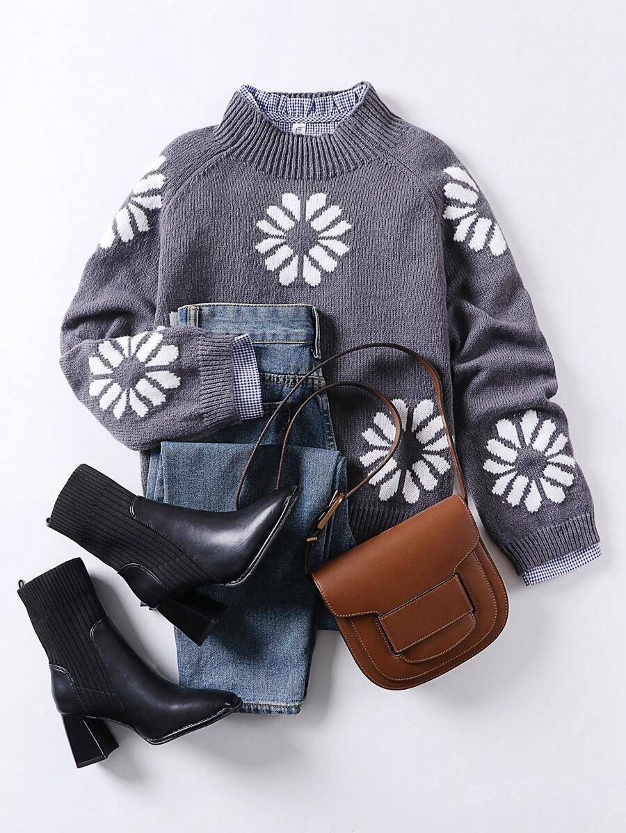 Damen Strickpullover mit floralem Motiv und modernem Rundhalsausschnitt Krohn-e