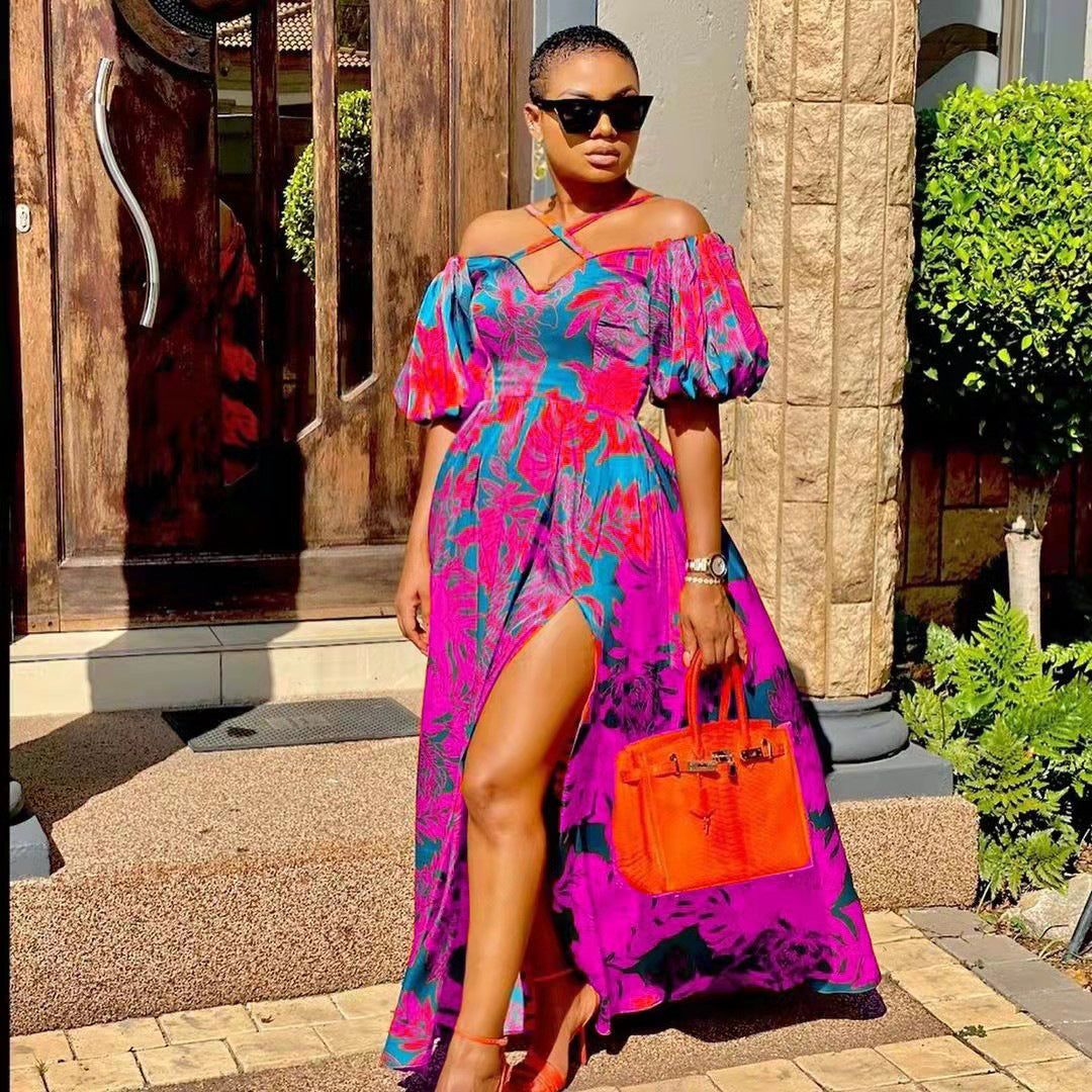 Fudus: Edles Maxikleid mit Schlitzsaum und V-Ausschnitt, off-shoulder