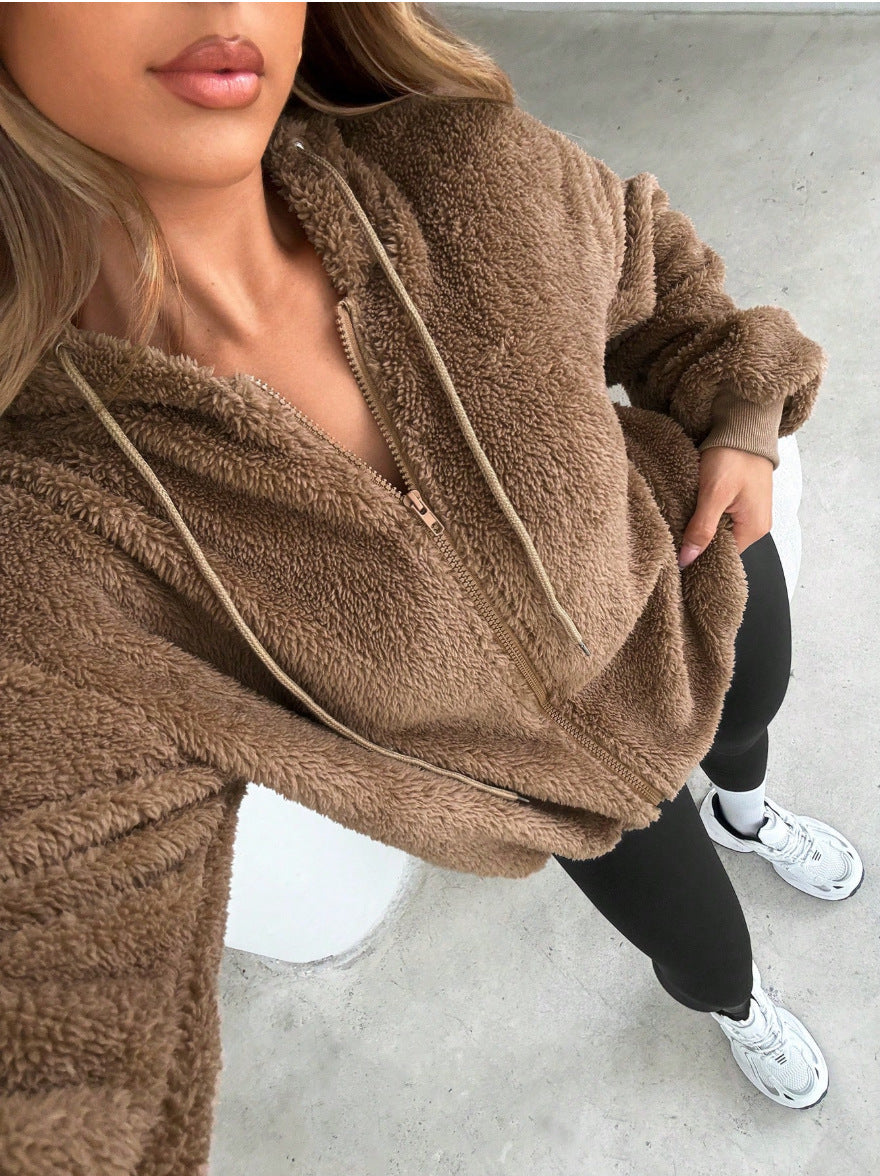 Damen Kuschelige Fleece-Jacke mit Känguru-Tasche und Kapuze Krohn-e