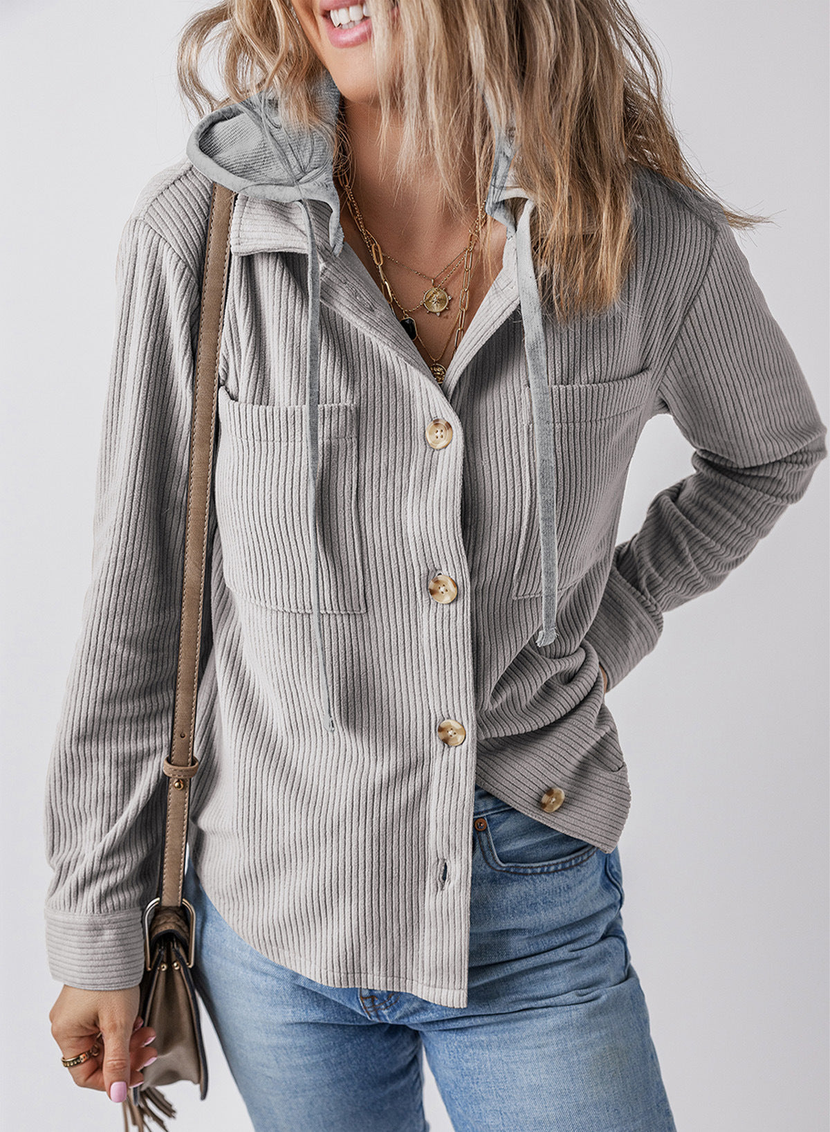 Damen lässige Rippenstruktur Hemdjacke mit Kapuze Krohn-e
