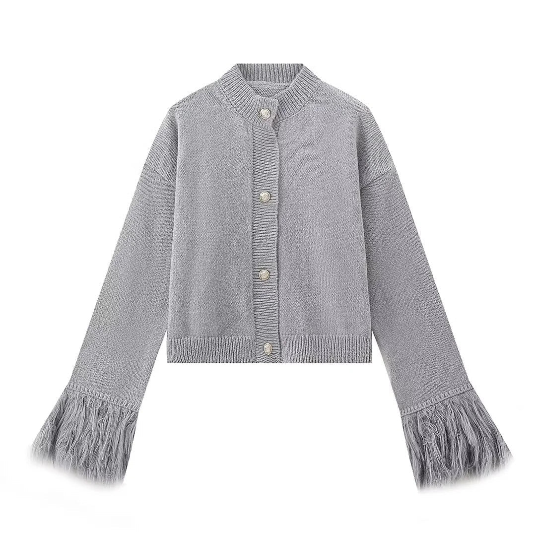 Damen lässige Strickjacke mit dekorativen Fransen und hochwertigen Knöpfen Krohn-e