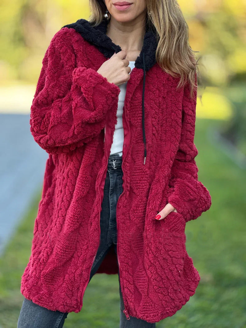 Krohn-e | Lange Weinlese Kapuzen Fell Reißverschluss Gestrickte Jacke