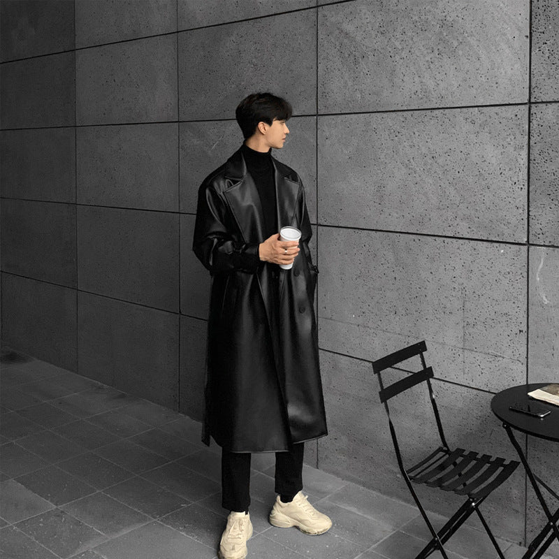 Herren modischer Longtrenchcoat aus hochwertigem Kunstleder mit elegantem Schnitt Krohn-e