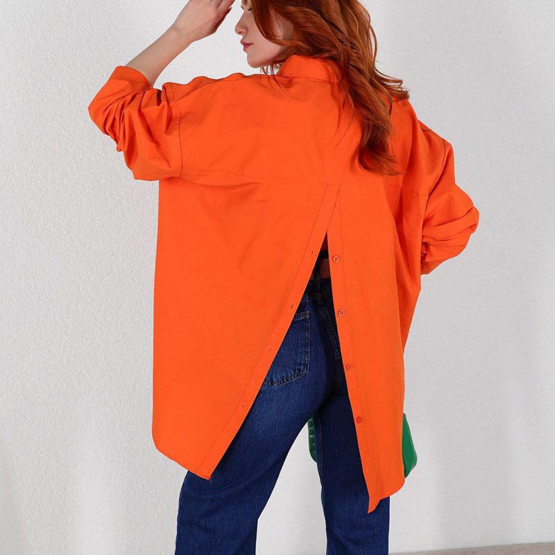 Fudus Damen Langarm T-Shirt mit Rücken-Schlitz, unifarben