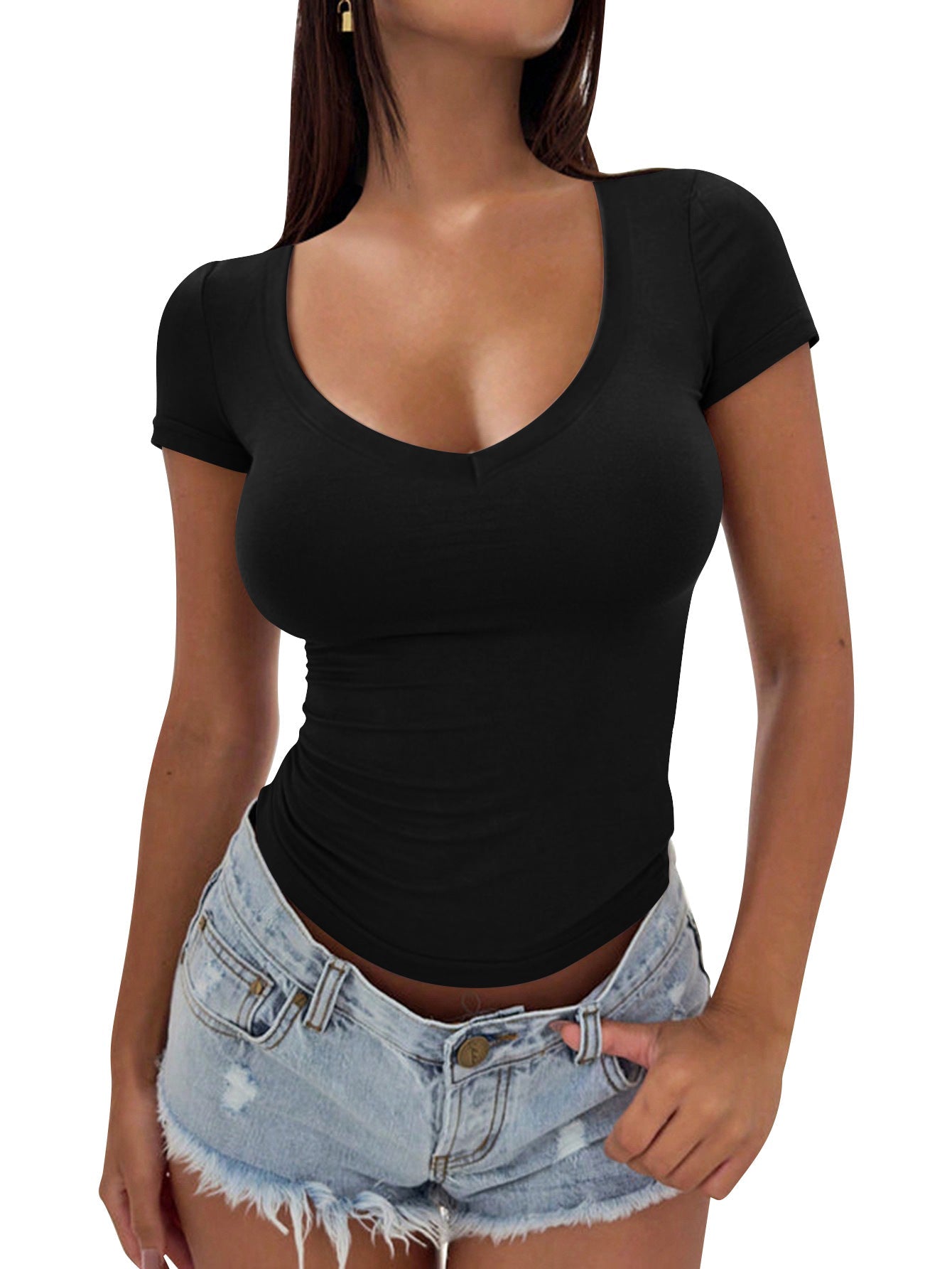 Damen figurbetontes V-Ausschnitt T-Shirt aus weichem Stretchmaterial Krohn-e